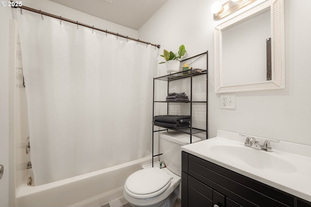 bathroom with toilet, shower / bathtub combination with curtain, and vanity