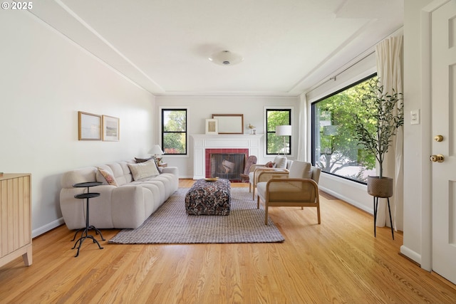 6833 NE 18th Ave, Portland, OR 97211 - living room featuring wood finished floors, baseboards, and a fireplace