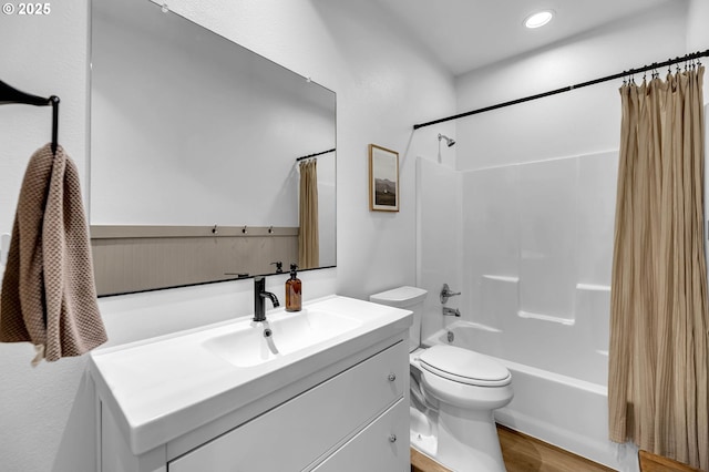 26815 NE Yacolt Rd, Yacolt, WA 98675 - full bathroom with vanity, shower / tub combo, toilet, and wood finished floors