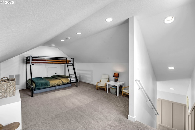 26815 NE Yacolt Rd, Yacolt, WA 98675 - bedroom featuring vaulted ceiling, carpet, a textured ceiling, recessed lighting, and baseboards