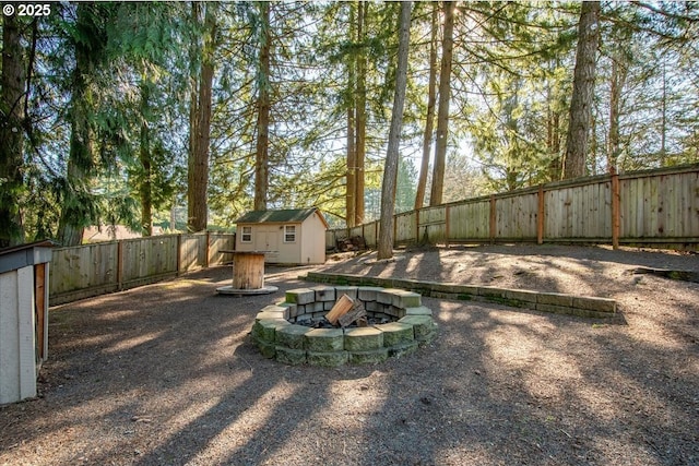 13135 SE Winston Rd, Damascus, OR 97089 - view of yard featuring a storage shed, an outdoor structure, a fenced backyard, and an outdoor fire pit