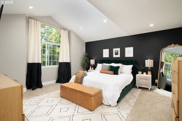 16223 SW 146th Ave, Portland, OR 97224 - bedroom featuring light colored carpet, recessed lighting, baseboards, lofted ceiling, and an accent wall