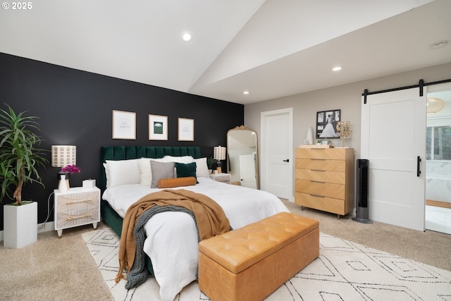 16223 SW 146th Ave, Portland, OR 97224 - bedroom featuring light colored carpet, recessed lighting, vaulted ceiling, a barn door, and arched walkways