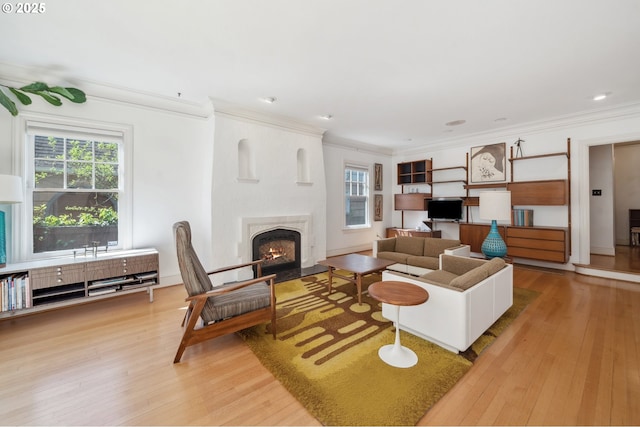 living area with ornamental molding, a high end fireplace, and light wood-style floors