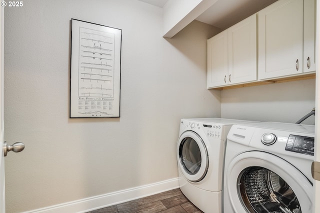 4718 SW Miles Ct, Portland, OR 97219 - washroom with independent washer and dryer, cabinet space, dark wood finished floors, and baseboards