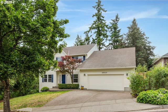 15530 SW Brighton Ct, Beaverton, OR 97007 - view of front facade with an attached garage, driveway, a front lawn, and roof with shingles