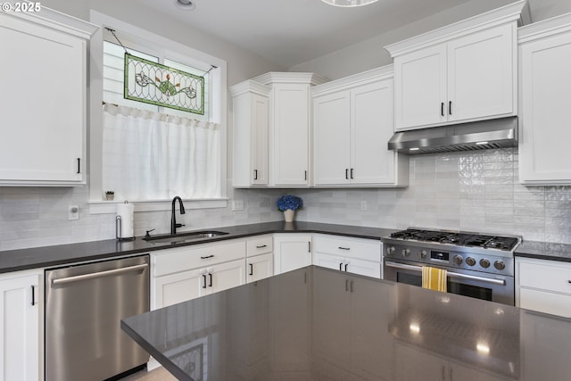 6621 NW Lolo Ter, Portland, OR 97229 - kitchen with appliances with stainless steel finishes, exhaust hood, dark countertops, white cabinetry, and decorative backsplash
