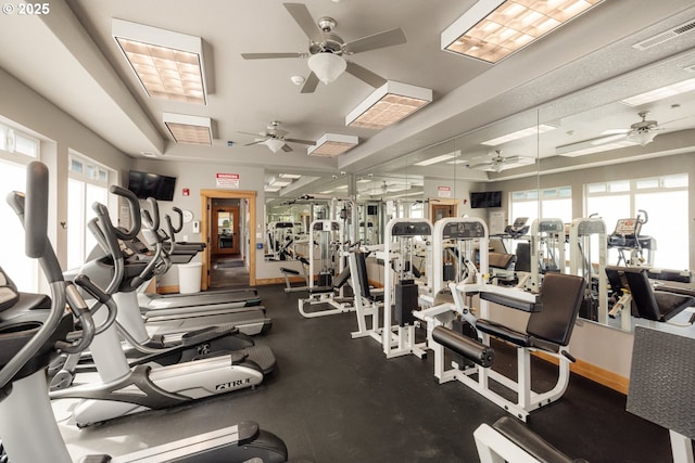 17246 SW Pleasanton Ln, Beaverton, OR 97003 - gym with a ceiling fan, a raised ceiling, and baseboards