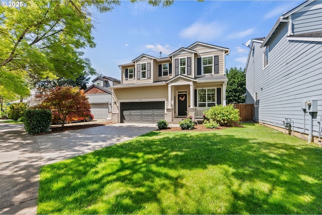 craftsman-style house with fence, an attached garage, brick siding, a front yard, and concrete driveway
