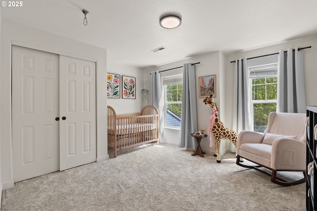 bedroom with a closet, carpet flooring, and multiple windows
