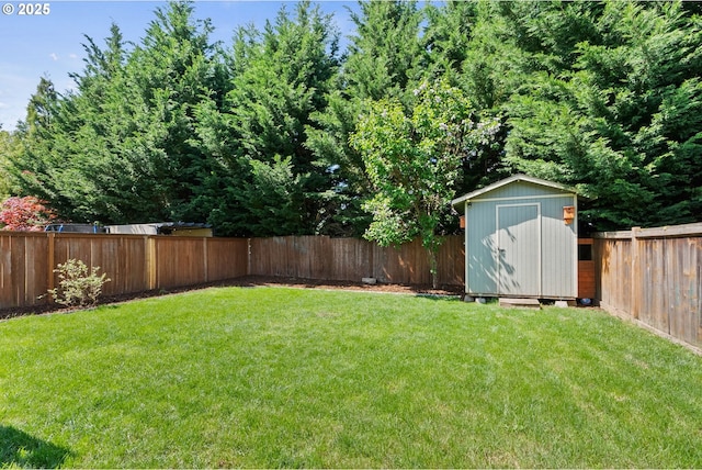 view of yard with an outbuilding, a shed, and a fenced backyard