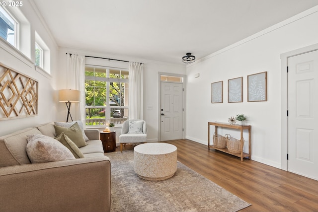 living area featuring crown molding, baseboards, and wood finished floors