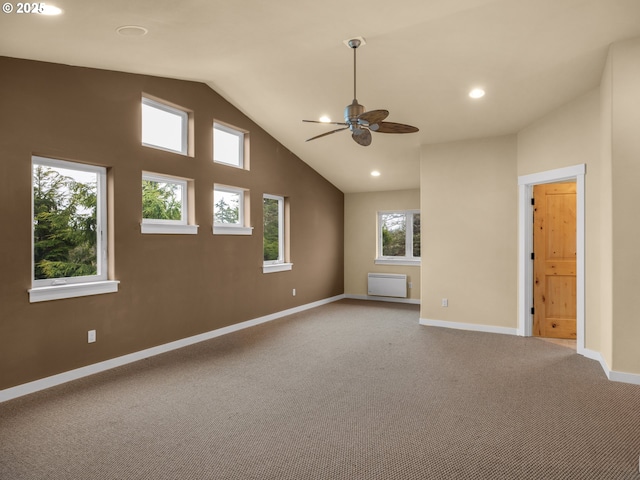 unfurnished room with baseboards, a ceiling fan, carpet, high vaulted ceiling, and recessed lighting