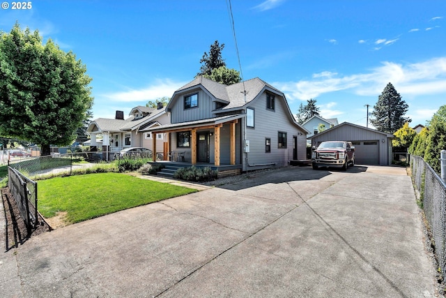 view of front of home with a porch, an outbuilding, a garage, and board and batten siding
