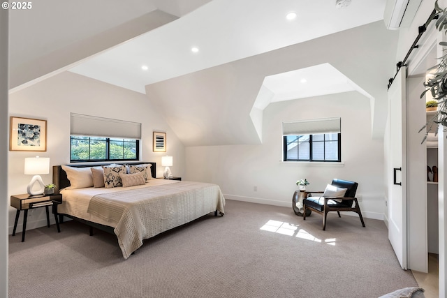 bedroom with light carpet, baseboards, recessed lighting, and vaulted ceiling