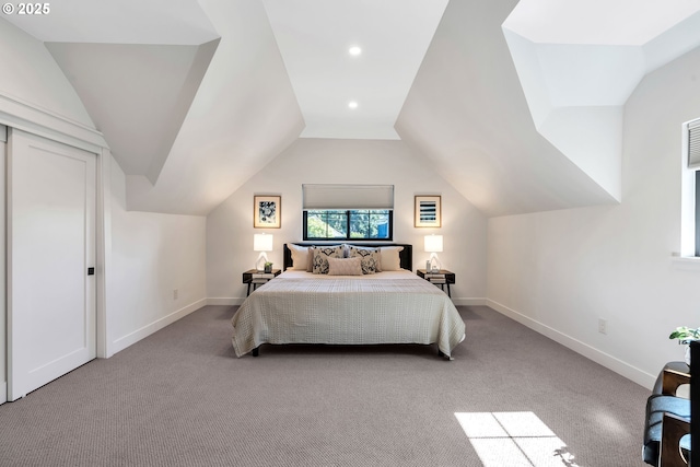 bedroom featuring light carpet, lofted ceiling, baseboards, and recessed lighting