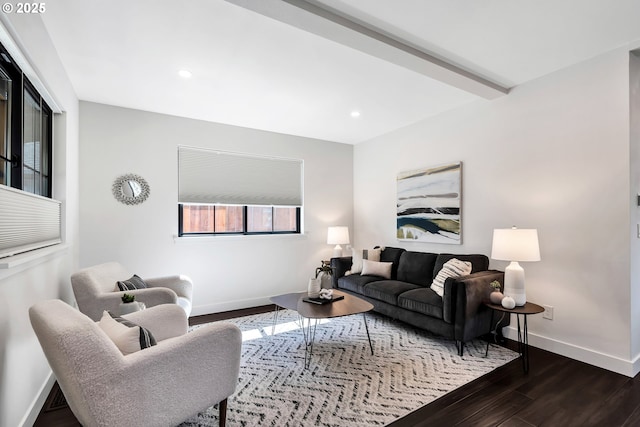 living area with wood finished floors, baseboards, and recessed lighting