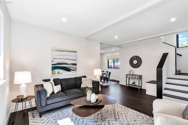 living area with stairs, healthy amount of natural light, baseboards, hardwood / wood-style floors, and recessed lighting