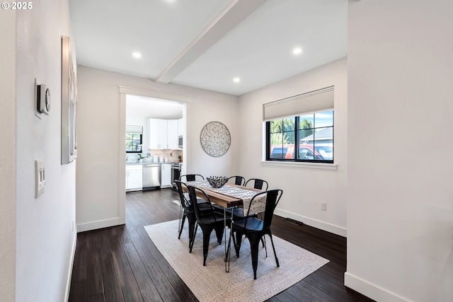 dining room featuring baseboards, beam ceiling, dark wood-type flooring, and recessed lighting