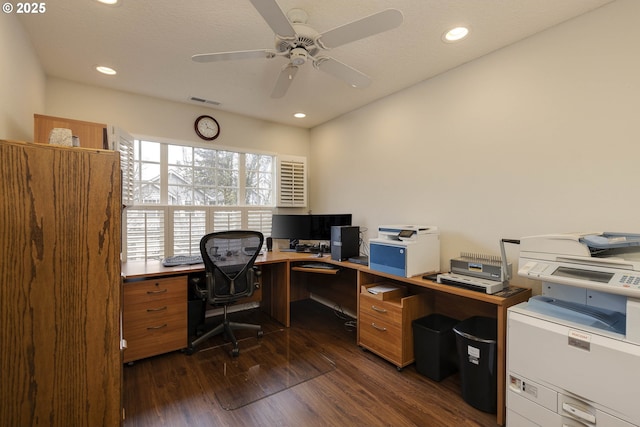 home office featuring ceiling fan, visible vents, dark wood finished floors, and recessed lighting