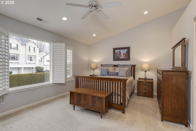 bedroom with recessed lighting, light colored carpet, visible vents, baseboards, and vaulted ceiling