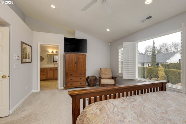 bedroom featuring recessed lighting, visible vents, carpet flooring, vaulted ceiling, and baseboards