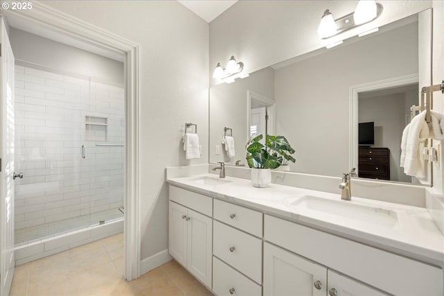 9522 NW Skyview Dr, Portland, OR 97231 - full bathroom with double vanity, tile patterned floors, a stall shower, and baseboards