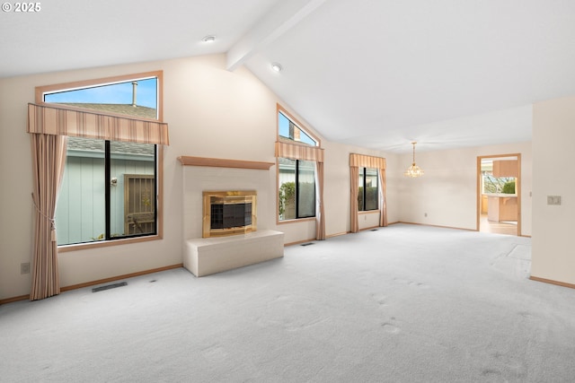 unfurnished living room with carpet floors, high vaulted ceiling, beamed ceiling, and an inviting chandelier