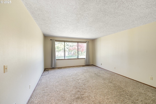 unfurnished room featuring a textured ceiling and light colored carpet