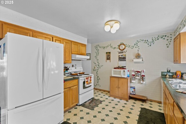 231 NE Chestnut Ave, Myrtle Creek, OR 97457 - kitchen featuring white appliances, under cabinet range hood, a sink, light flooring, and dark countertops