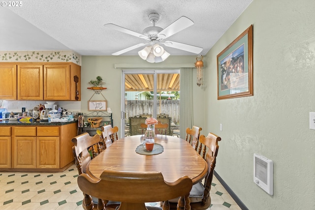231 NE Chestnut Ave, Myrtle Creek, OR 97457 - dining room featuring light floors, a textured wall, a textured ceiling, heating unit, and ceiling fan