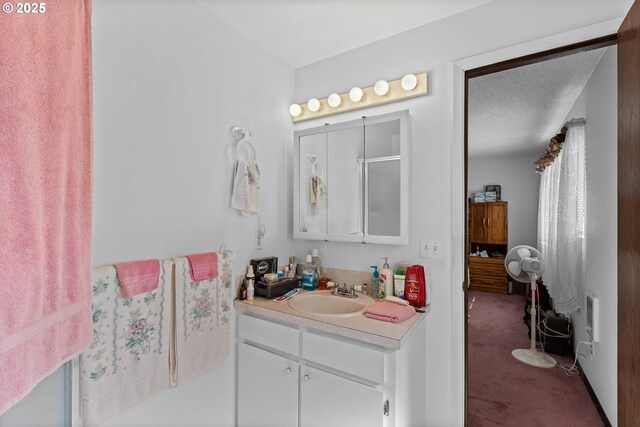 231 NE Chestnut Ave, Myrtle Creek, OR 97457 - bathroom featuring vanity, a textured ceiling, and a shower