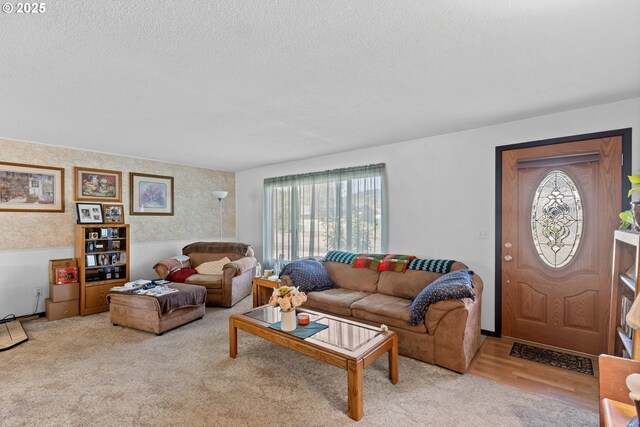 231 NE Chestnut Ave, Myrtle Creek, OR 97457 - carpeted living room with a textured ceiling, wallpapered walls, and a wainscoted wall