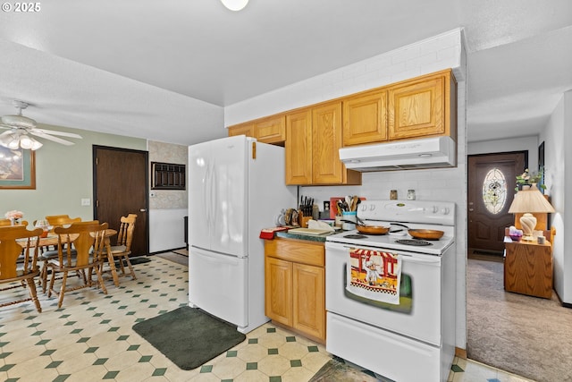 231 NE Chestnut Ave, Myrtle Creek, OR 97457 - kitchen featuring under cabinet range hood, white appliances, ceiling fan, backsplash, and light floors