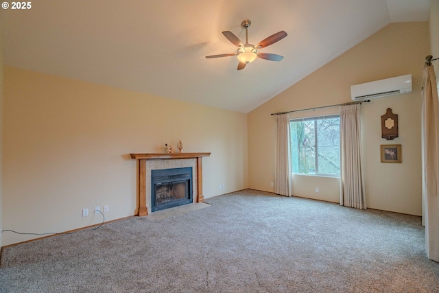 unfurnished living room with high vaulted ceiling, ceiling fan, a tile fireplace, a wall mounted air conditioner, and carpet flooring