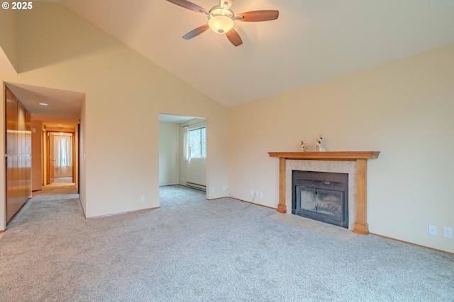 unfurnished living room featuring light carpet, high vaulted ceiling, a ceiling fan, a baseboard heating unit, and a tile fireplace