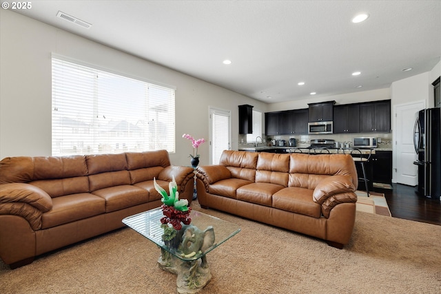 living room featuring dark hardwood / wood-style flooring and sink