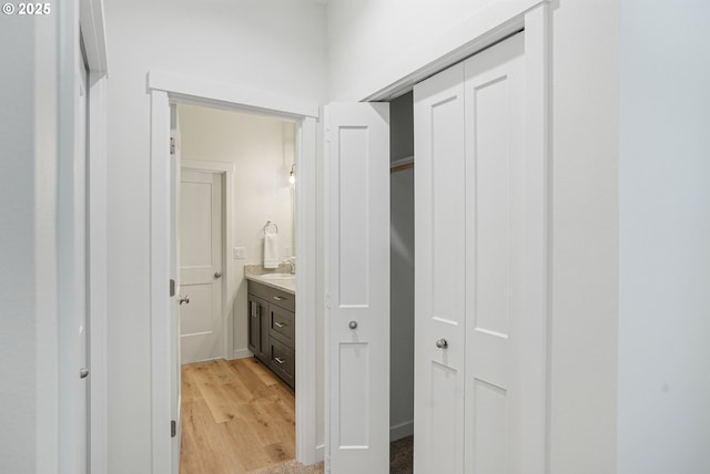 bathroom with wood finished floors and vanity