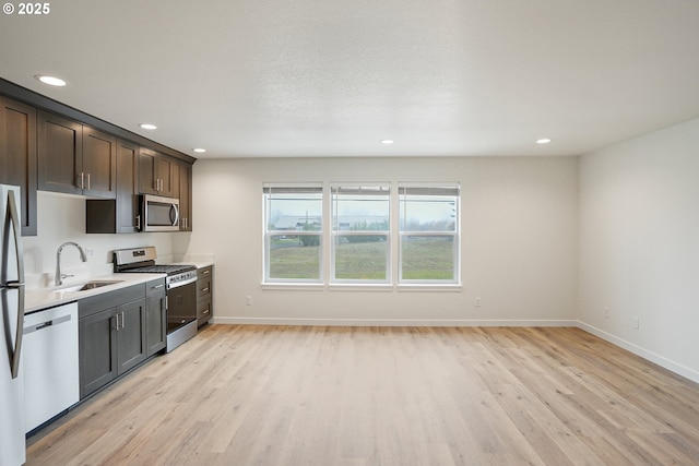 kitchen with dark brown cabinetry, stainless steel appliances, a sink, light countertops, and light wood finished floors