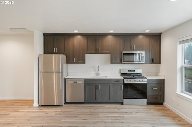 kitchen with stainless steel appliances, dark brown cabinets, a sink, and light countertops