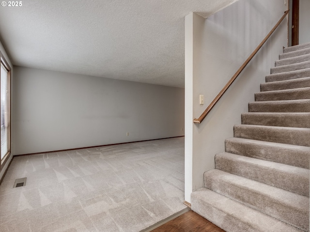 staircase with carpet floors and a textured ceiling