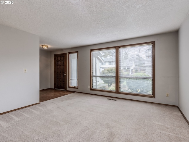 spare room featuring carpet flooring and a textured ceiling