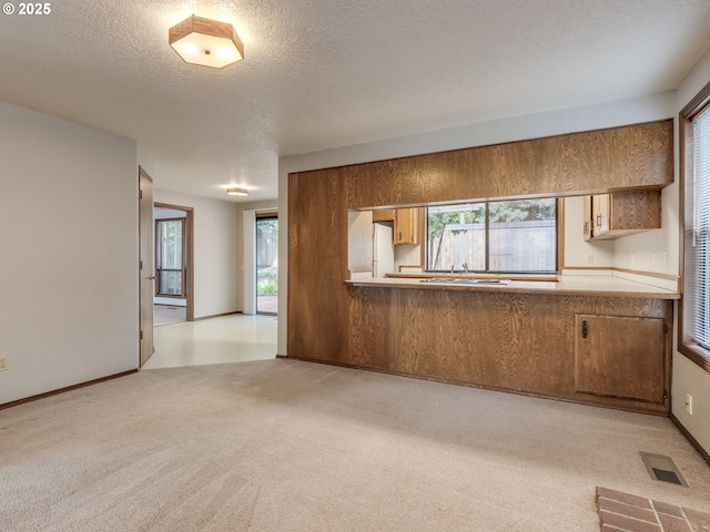 interior space featuring white refrigerator, light colored carpet, and a textured ceiling