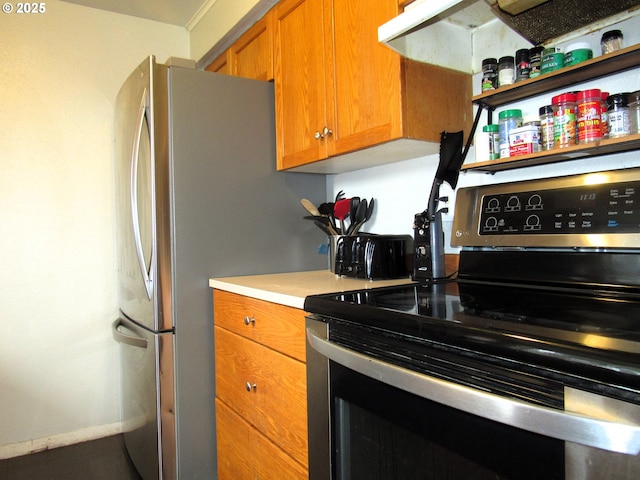 kitchen featuring open shelves, brown cabinetry, stainless steel electric range oven, and light countertops