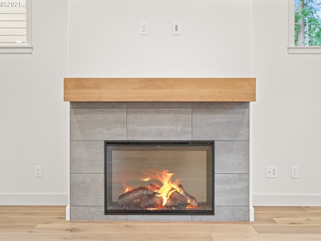 interior details featuring a fireplace, baseboards, and wood finished floors