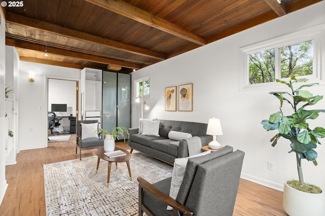 living room featuring beam ceiling, wood ceiling, baseboards, and wood finished floors