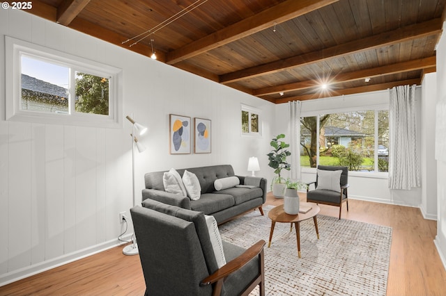 living room featuring wooden ceiling, light wood-style flooring, and beam ceiling