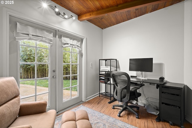 office area with baseboards, beamed ceiling, french doors, wooden ceiling, and wood finished floors