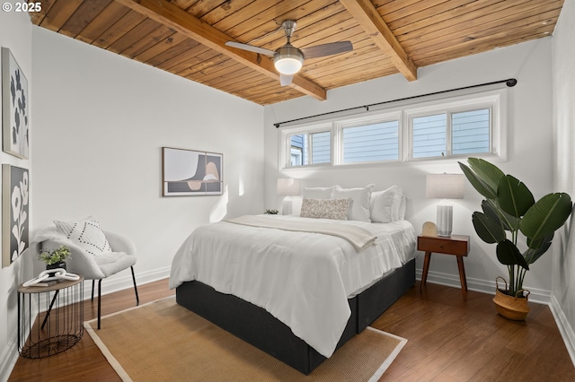 bedroom featuring beam ceiling, wood finished floors, wooden ceiling, baseboards, and ceiling fan