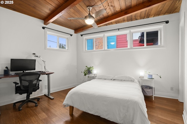 bedroom featuring beamed ceiling, baseboards, wood finished floors, and wooden ceiling